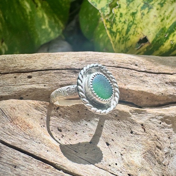 Hand Crafted Jewelry - green sea glass natural sea glass floral sterling & fine silver